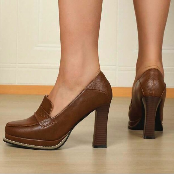 NEW Heeled Loafers Wood Grain Chunky Heel Platform Squared Toe Pumps Brown sz 9 - Picture 6 of 8